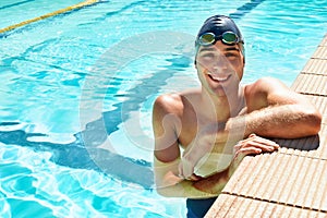 Swimming pool, happy and portrait of sports man for exercise, outdoor workout or training practice. Happiness, relax and