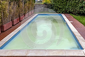 A swimming pool has white water due to shock chlorination