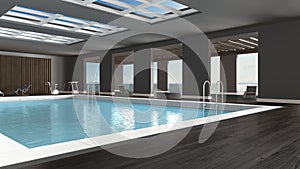 Swimming pool interior design, indoors with big panoramic window