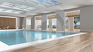 Swimming pool interior design, indoors with big panoramic window