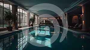 Swimming pool interior in spa luxury hotel, generated AI