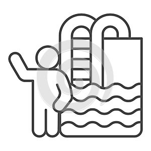 Swimming pool with ladder and person thin line icon, waterpark concept, swimmer sign on white background, Summer pool