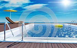 Swimming pool with life ring, beach lounger, sun deck on sea view for summer vacation