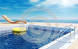 Swimming pool with life ring, beach lounger, sun deck on sea view for summer vacation