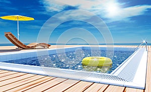 Swimming pool with life ring, beach lounger, sun deck on sea view for summer vacation