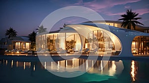 Swimming pool in luxury hotel at night,3d render, Luxury beach resort