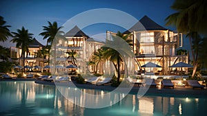 Swimming pool in luxury hotel resort with palm trees at night, Luxury beach resort