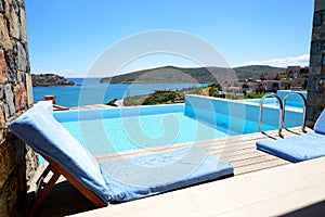 Swimming pool at luxury hotel with a view on Spinalonga Island