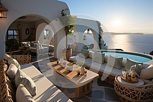 Swimming pool at luxury villa with sea view at sunset. ia generated