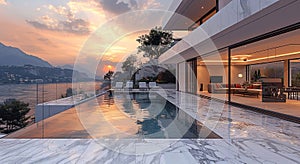 Swimming pool made of white marble stone in luxury resort hotel house with beautiful view.Macro.AI Generative