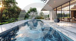 Swimming pool made of white marble stone in luxury resort hotel house with beautiful view.Macro.AI Generative