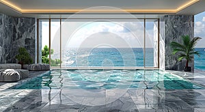 Swimming pool made of white marble stone in luxury resort hotel house with ocean view.Macro.AI Generative