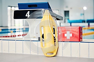 Swimming pool, medical and lifeguard equipment for water safety, security or emergency for rescue. Safe swim tools for