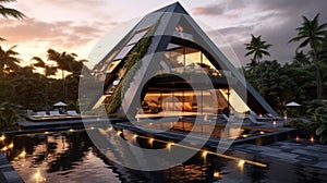 swimming pool near a pyramid-shaped house on a tropical island