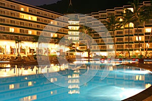 Swimming pool, night and palm