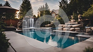 swimming pool at night Residential inground swimming pool in backyard with waterfall and hot tub