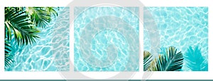 swimming pool palm beach water summer vacation travel holiday Instagram social media background set with copy space, suitable for