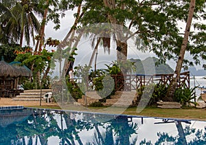 Swimming pool with palm trees in luxury hotel. Tropical resort on island. Pool on seascape background. Exotic relax.