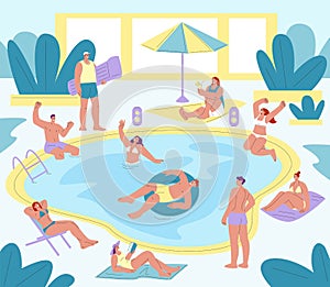 Swimming pool party. Friends relax together at summer club, drinking, reading and swimming. People play, kicky teens