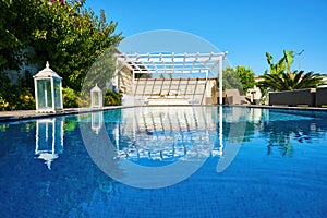 Swimming pool and patio of a residential Aegean or Mediterranean villa