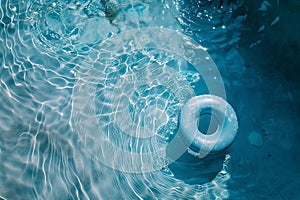 swimming pool ring floating on the calm water in the swimming pool. High angle view with copy space