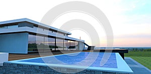 Swimming pool on the roof of a luxury home. Blue water reflects the sunset. Terrace board flooring. 3d render