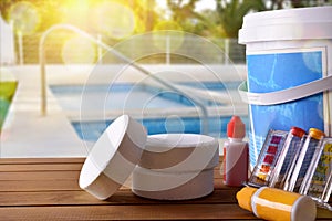 Swimming pool service and chemicals and pool background