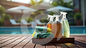 Swimming pool service and equipment with chemical cleaning products and tools on wood table and