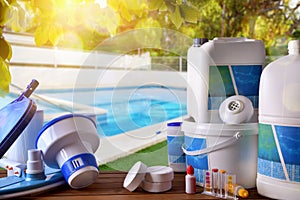 Swimming pool service and equipment with pool background