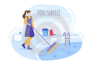 Swimming Pool Service Worker with Broom, Vacuum Cleaner or Net for Maintenance and Cleaning of Dirt in Flat Cartoon Illustration