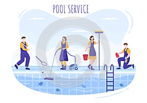 Swimming Pool Service Worker with Broom, Vacuum Cleaner or Net for Maintenance and Cleaning of Dirt in Flat Cartoon Illustration