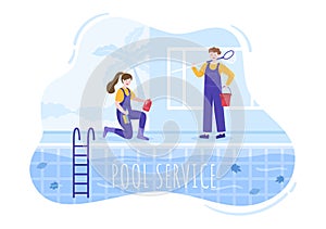 Swimming Pool Service Worker with Broom, Vacuum Cleaner or Net for Maintenance and Cleaning of Dirt in Flat Cartoon Illustration