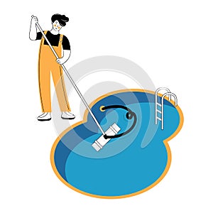 Swimming pool service worker with net cleaning water. Pool and outdoor cleaning, swimming pool service, outdoor cleaning company