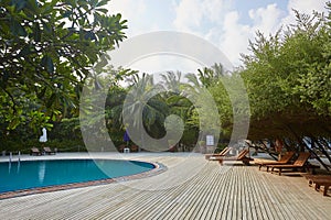 Swimming pool side of luxury hotel ith deck chairs, palm trees and blue ocean. Maldives