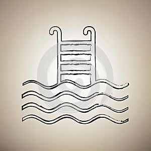 Swimming Pool sign. Vector. Brush drawed black icon at light bro