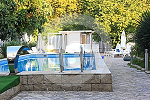 Swimming pool and a small seating area