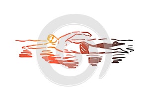 Swimming, pool, sport, water, swimmer concept. Hand drawn isolated vector.