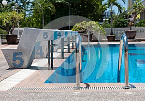 Swimming pool and starting places with stair at sport center