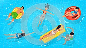 Swimming pool. Summer beach. People relaxing in water. Woman in bikini. Man sunbathing on inflatable mattress. Top view