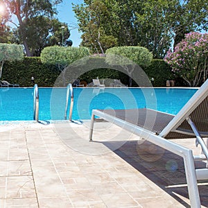 Swimming Pool in Summer. Luxurious Home Swimming Pool. Beautiful Pool Surrounded by Trees