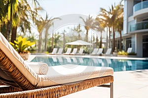 Swimming pool with sun lounger and palm trees in background