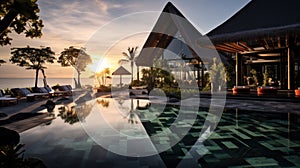 swimming pool with sun loungers in a luxury hotel at sunset