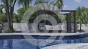 Swimming pool with sun loungers and umbrellas 3d illustration