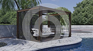 Swimming pool with sun loungers and umbrellas 3d illustration