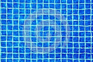 Swimming pool surface texture close up top view, blue water background, caustics ripple, swimming pool tiled bottom backdrop, sea