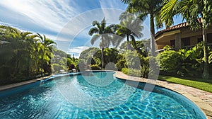 Swimming pool surrounded by trees in home.