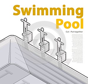 Swimming pool with swimmers, isometric. Sportsmen on springboard prepare swim.