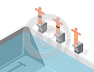 Swimming pool with swimmers, isometric. Sportsmen on springboard prepare swim.