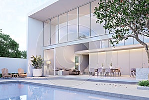 Swimming pool terrace with living room and dining room in modern style white house background 3D render