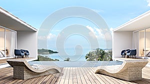 Swimming pool terrace between modern building with sea view 3d render